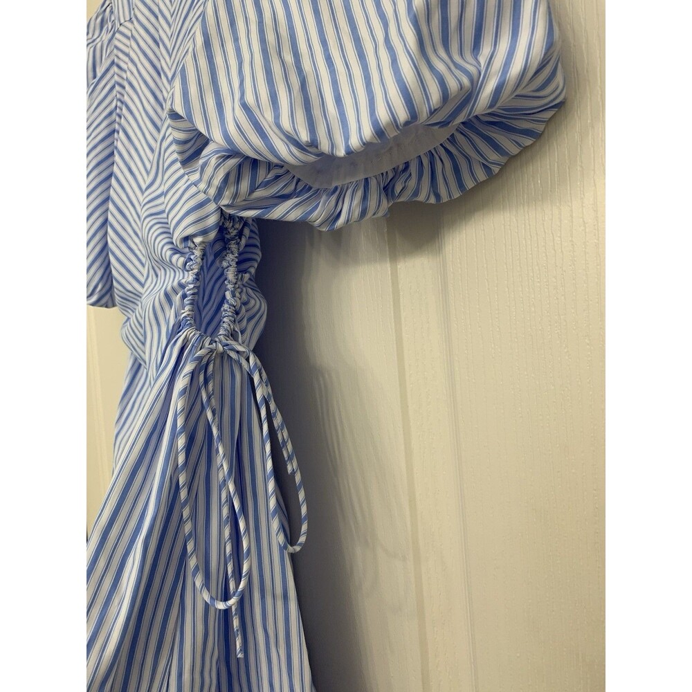 Bardot Blue White Striped Nautical Button Up Cut Out Side Midi Shirt Dress 4 - Picture 6 of 13